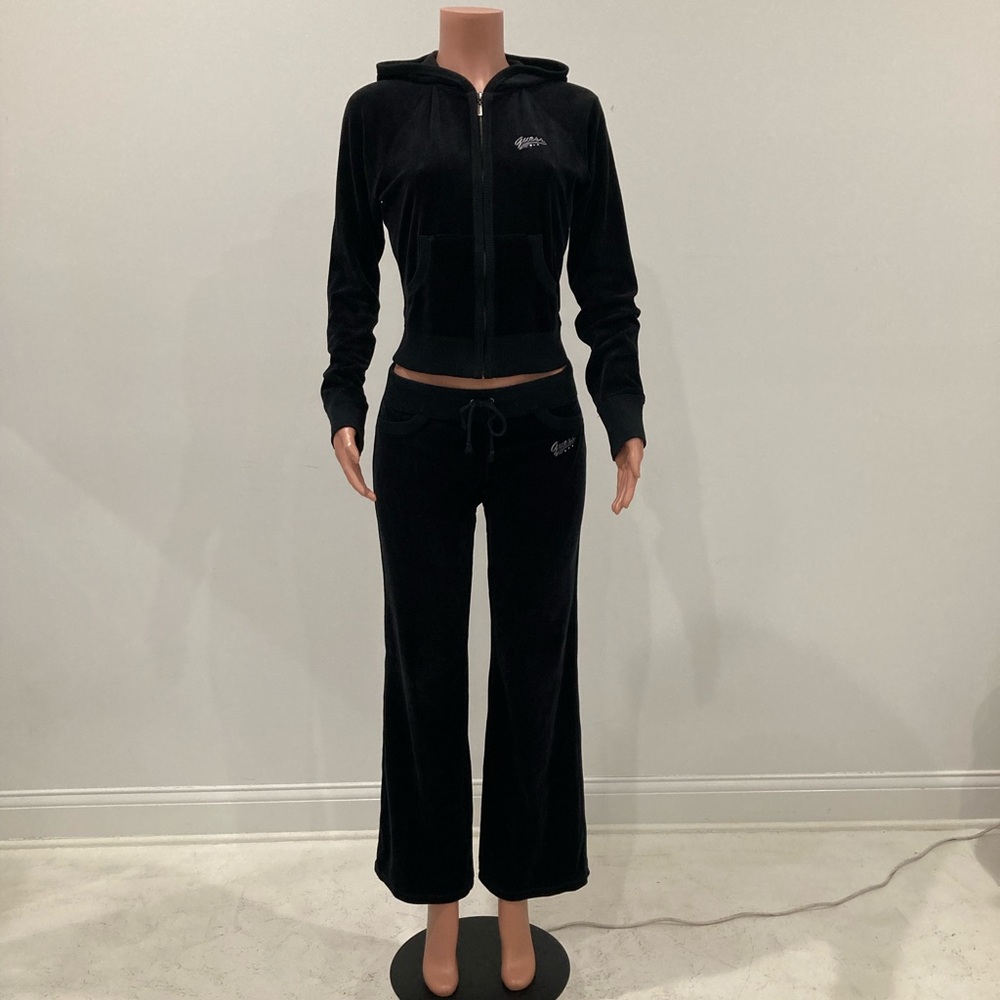 Guess Jeans Black Velour Track Suit Zipper Hooded Jacket Pants Bling 💎 M